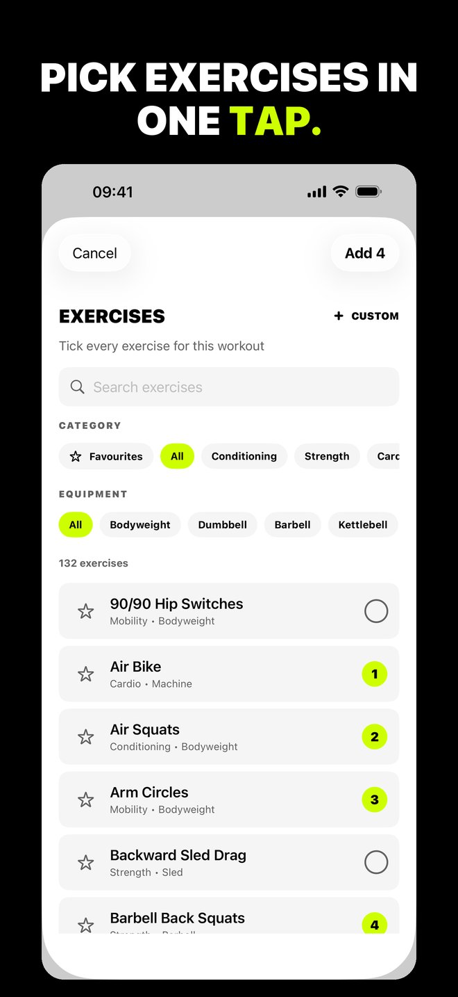 The exercise picker on an iPhone, with four exercises ticked from a library of 132.